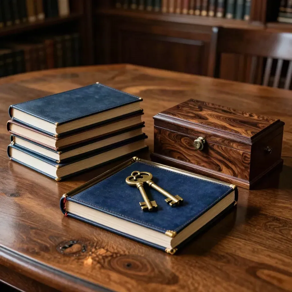 Library table with closed ledgers, brass keys, and a carved box in warm lamplight.