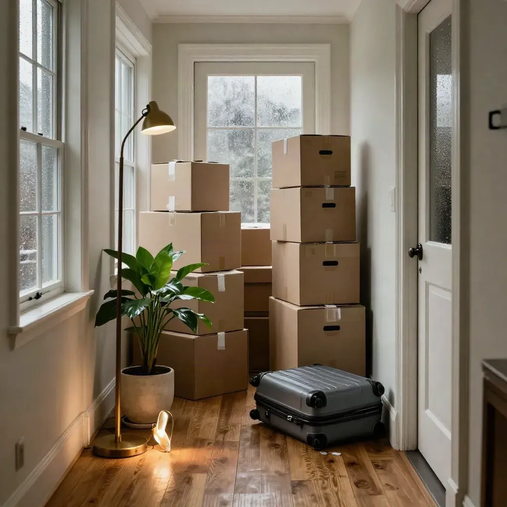 Low hallway with moving boxes, suitcase, houseplant and brass floor lamp by a sleet-lit door.