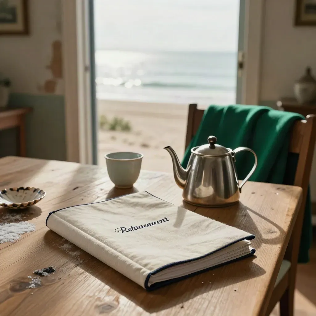 Seaside breakfast table with a closed retirement folio, teapot, and emerald cardigan in morning light