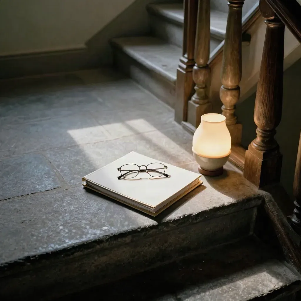 Stone stair landing with a pension binder, folded glasses and a glowing ceramic lamp.