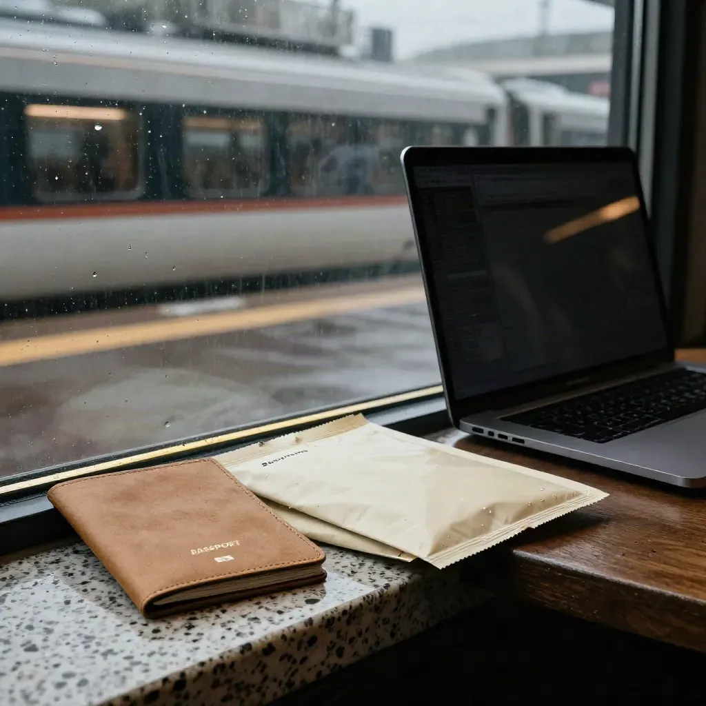 Rainy station cafe table with passport sleeve, sealed packets, and laptop by the glass.