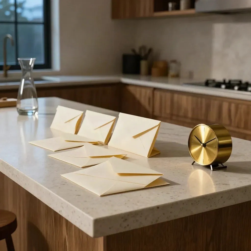 Ivory envelopes, brass clock, and glass carafe on a long kitchen island at blue hour.
