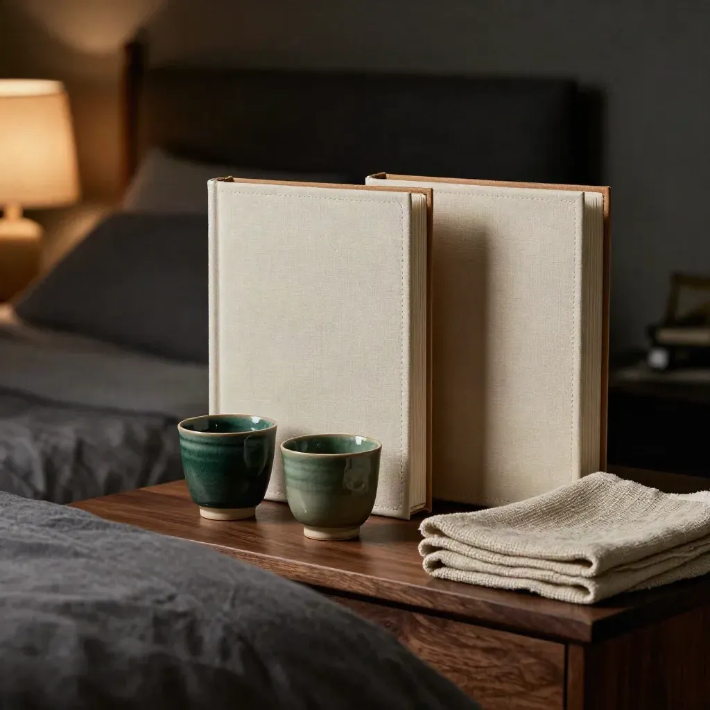 Closed estate folios, ceramic cups, and linen cloth on a bedside table in moody evening light.