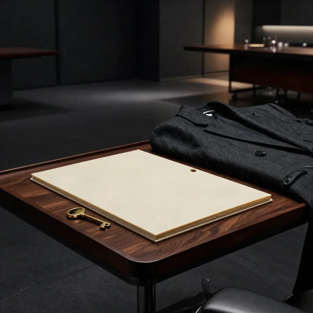 Empty boardroom side table with folder, brass key, and folded blazer in warm night reflections.