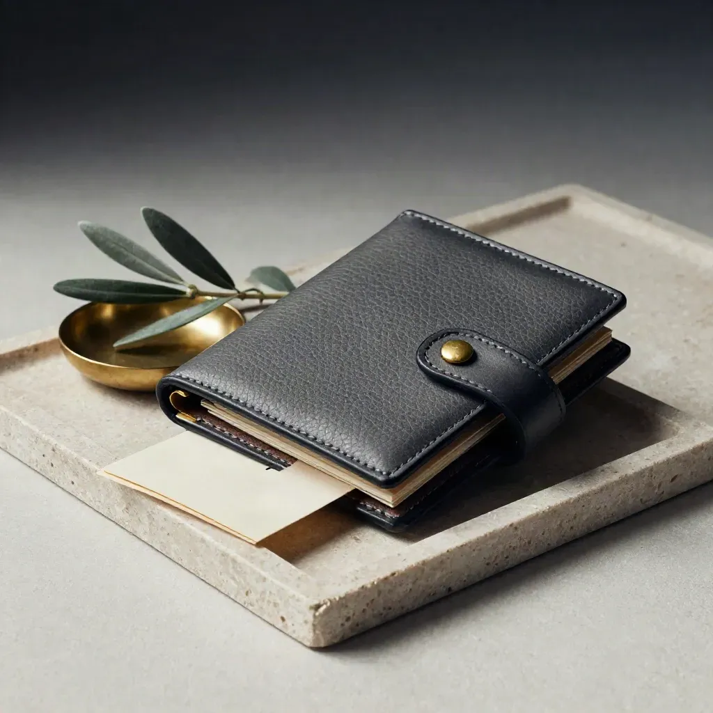 Stone tray with document wallet, brass dish, olive sprig and folded card in soft side light.