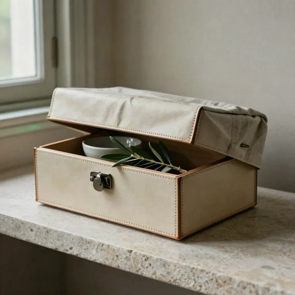 Heirloom keepsake boxes, ceramic bowl and olive branch on a pale stone shelf with soft light.