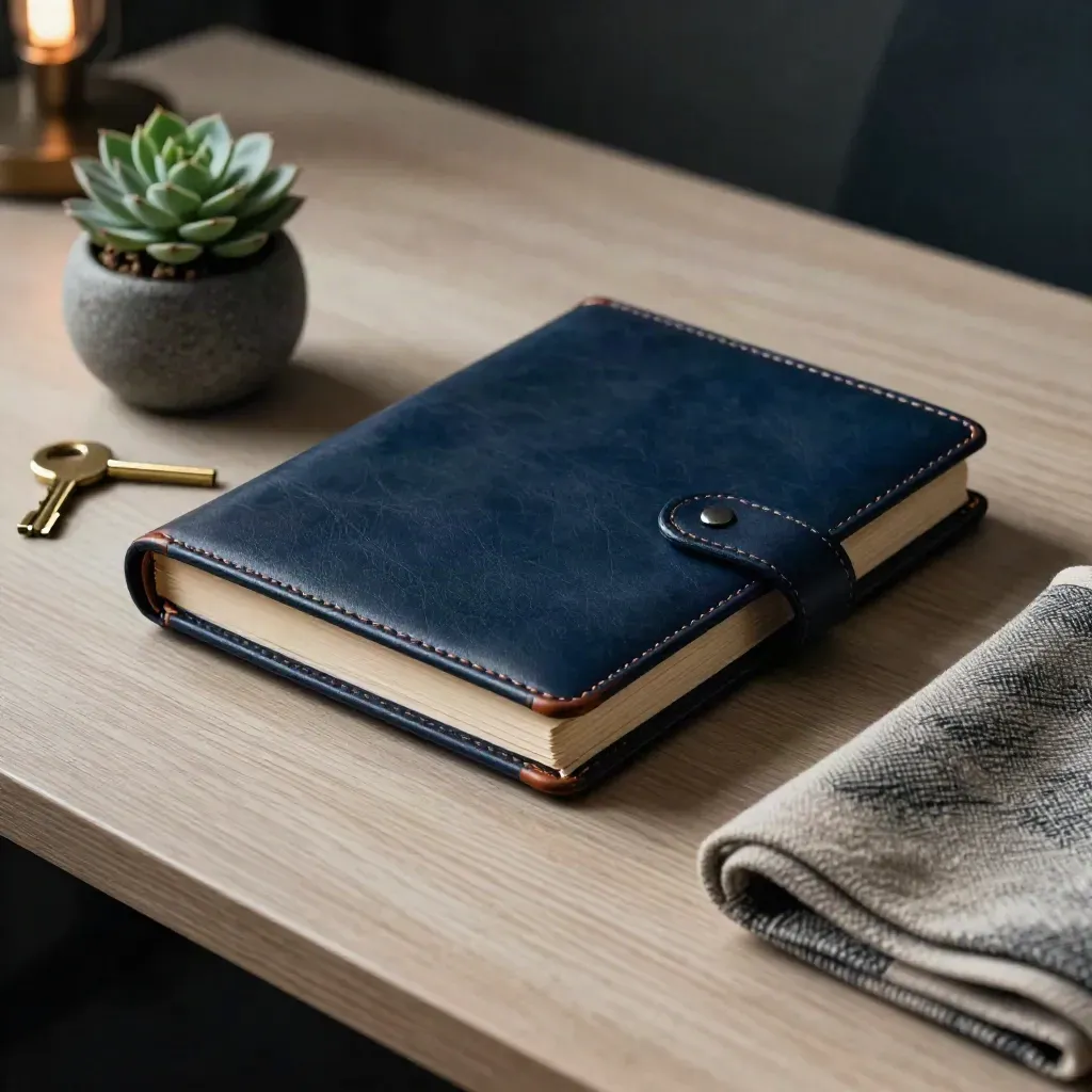 Closed navy leather founder binder with brass key, succulent and wool cloth on a matte desk