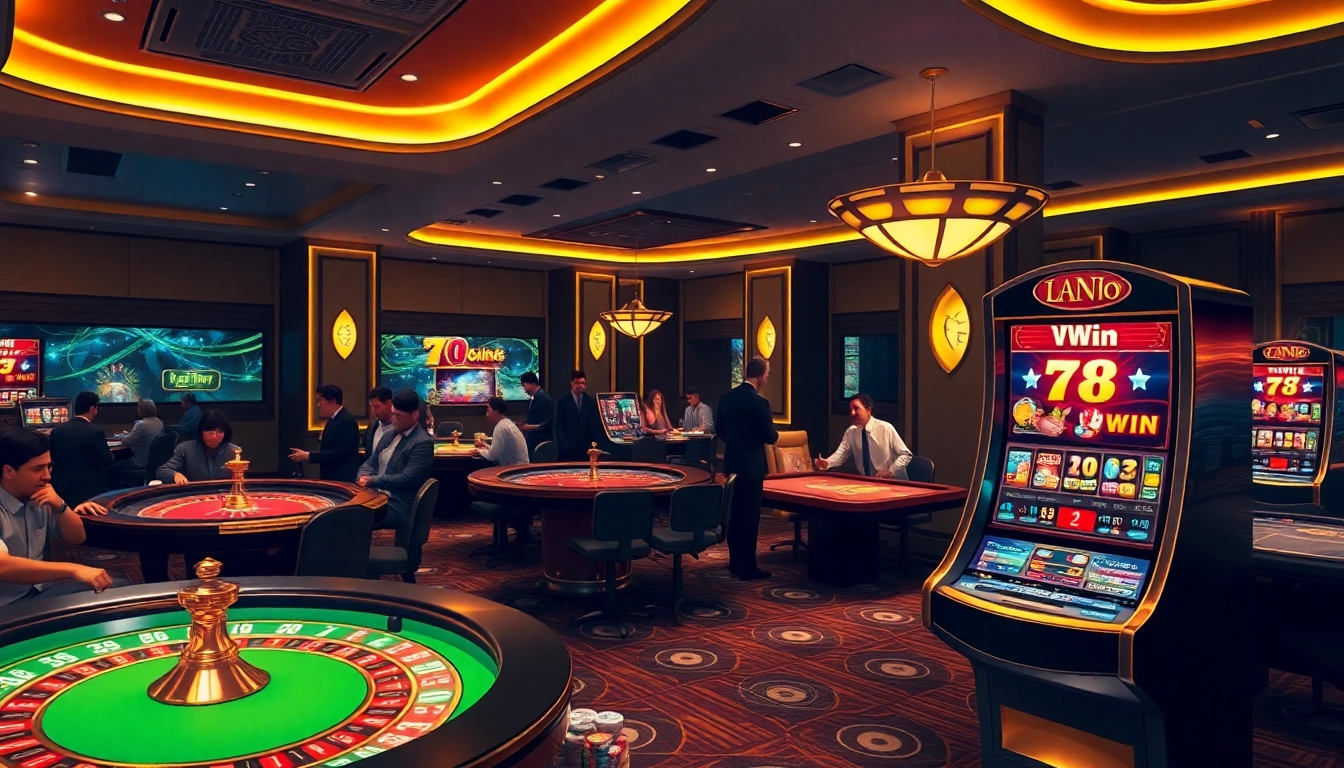 Play exciting casino games at 78Win, showcasing roulette tables and vibrant slot machines.