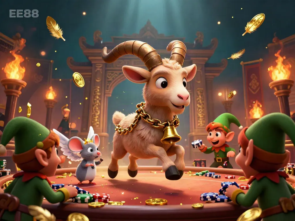 Experience the thrill of EE88 with animated Krampus, angel mouse, and elf gremlins in a vibrant casino scene.