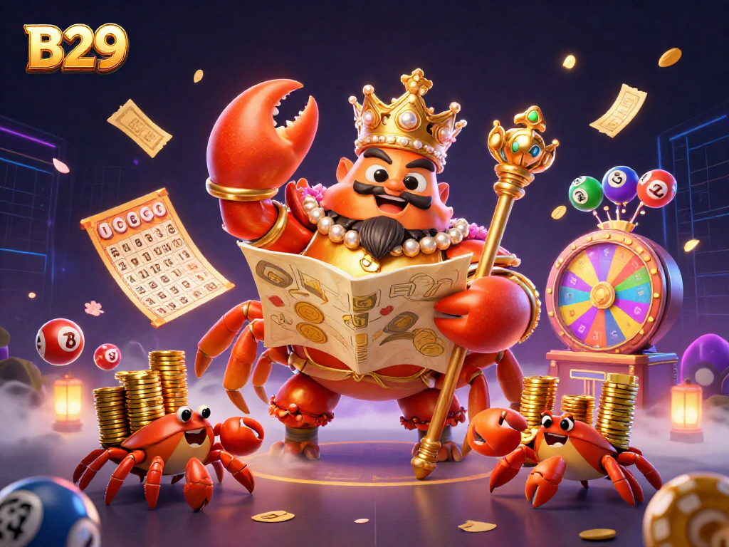 B29 offers thrilling gaming with a golden crab emperor leading luck in a vibrant casino scene.