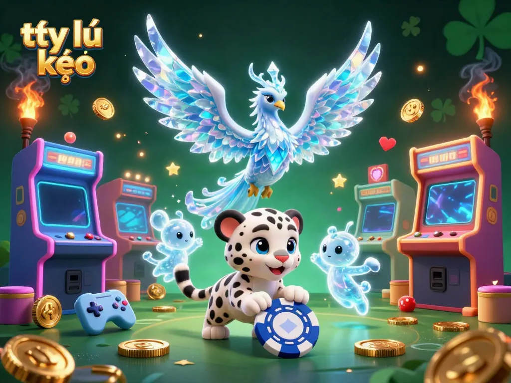 Engage with tỷ lệ kèo insights in a vibrant 3D casino scene featuring ice phoenix and playful snow leopard.