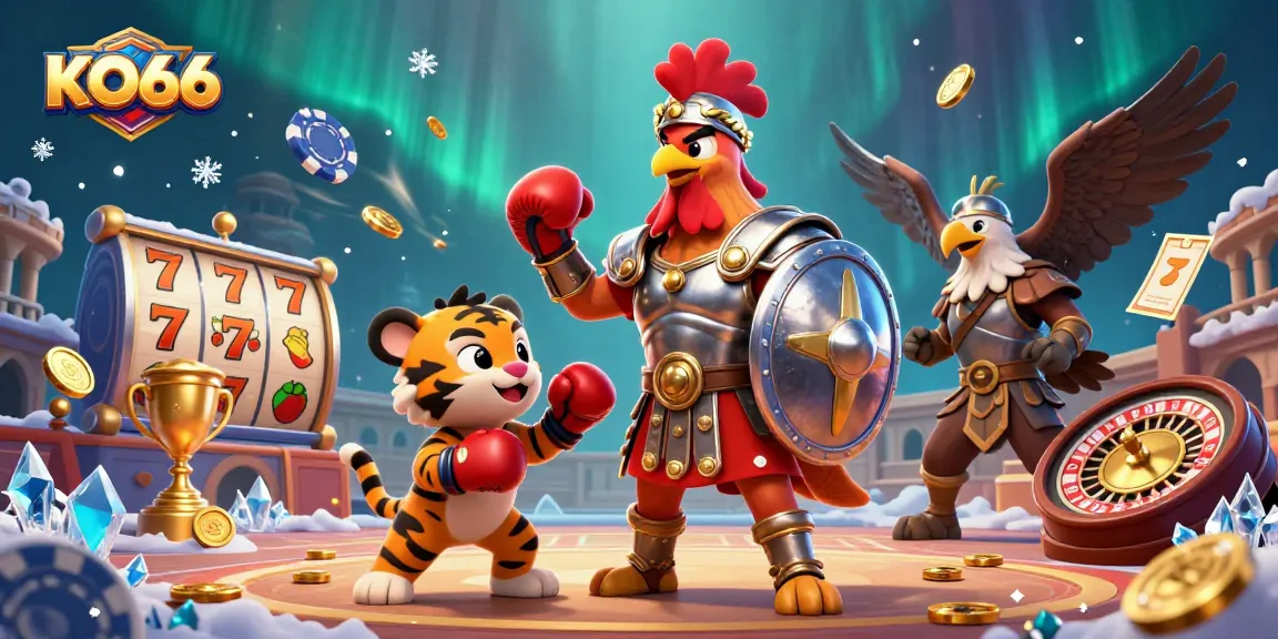 Engage in thrilling gameplay at KO66 Casino with a dynamic 3D illustration of gladiators and casino elements.