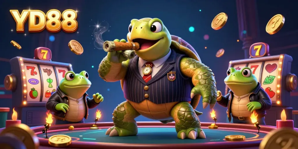 Experience the vibrant casino atmosphere at YD88 with a snapping turtle mobster and enchanted gaming elements.