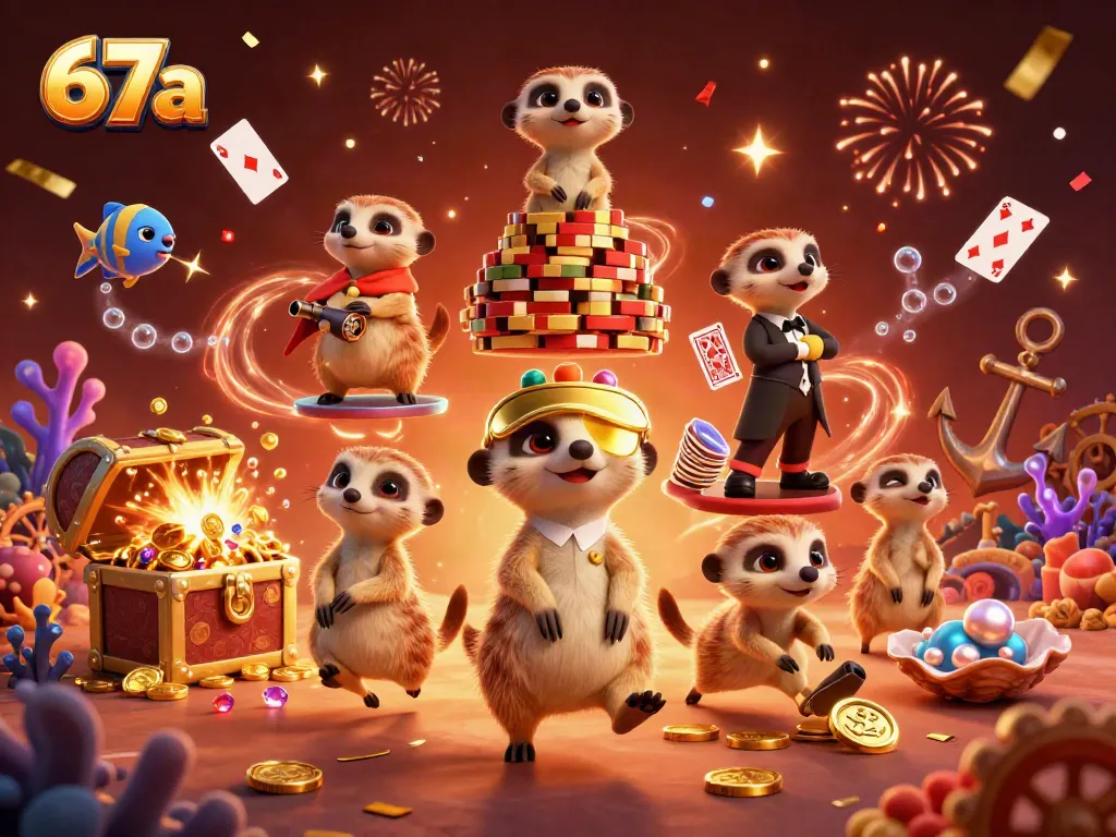 Experience thrilling gaming with 67a's animated meerkats organizing an exciting casino.
