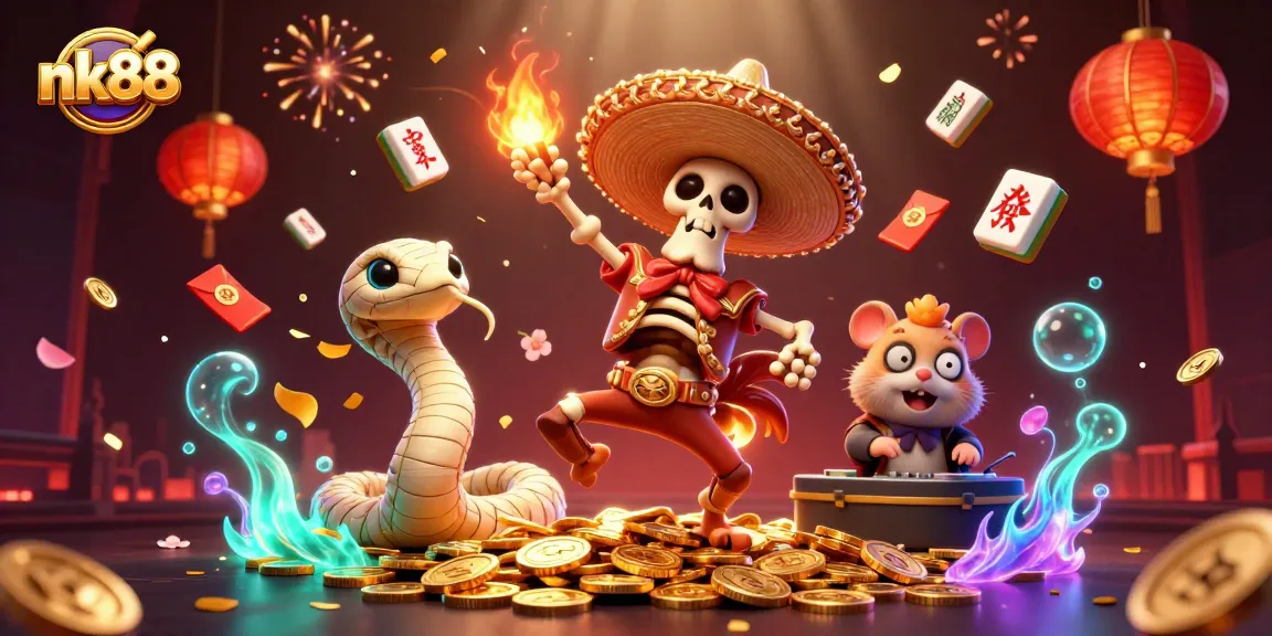 Engage with exciting nk88 casino adventures in a vibrant, lively scene filled with characters and elements.