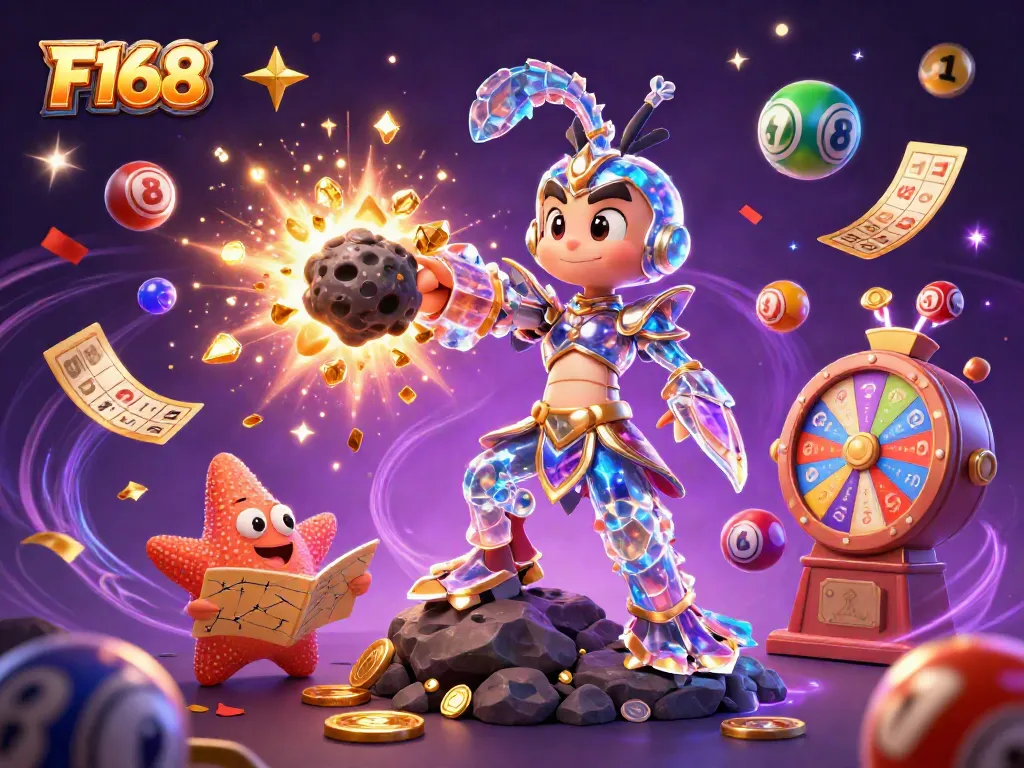 Engage with F168 gaming through vibrant casino elements in a detailed cosmic scene.