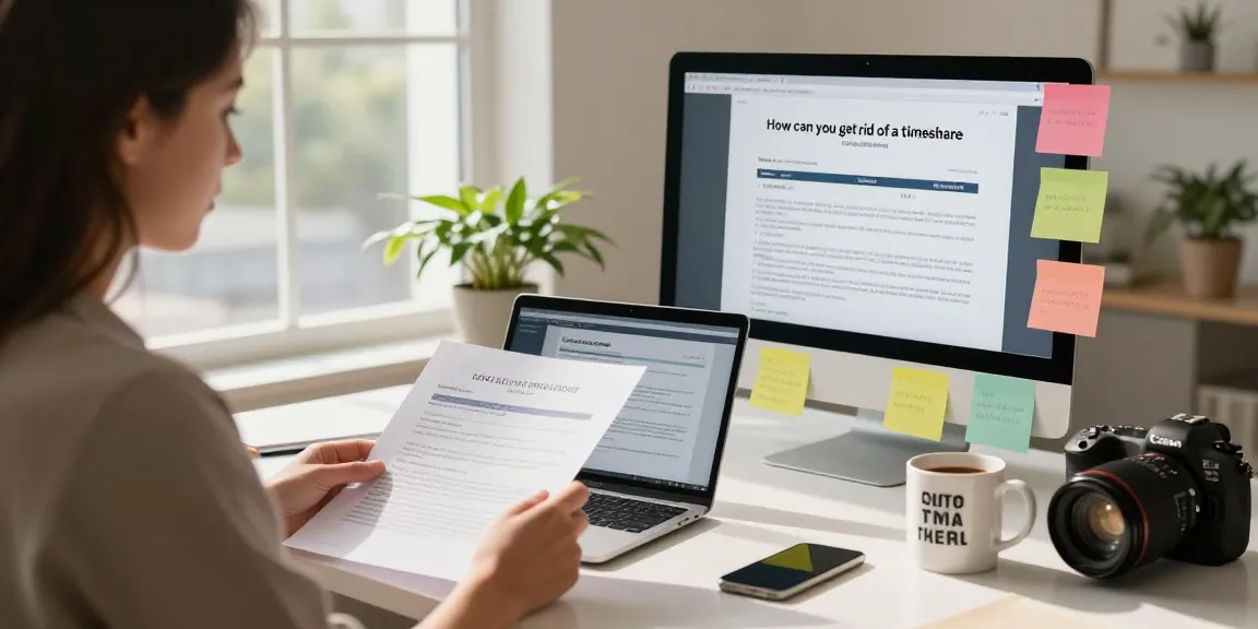 Focused individual reviewing how can you get rid of a timeshare in a bright home office, with essential documents and a motivational atmosphere.