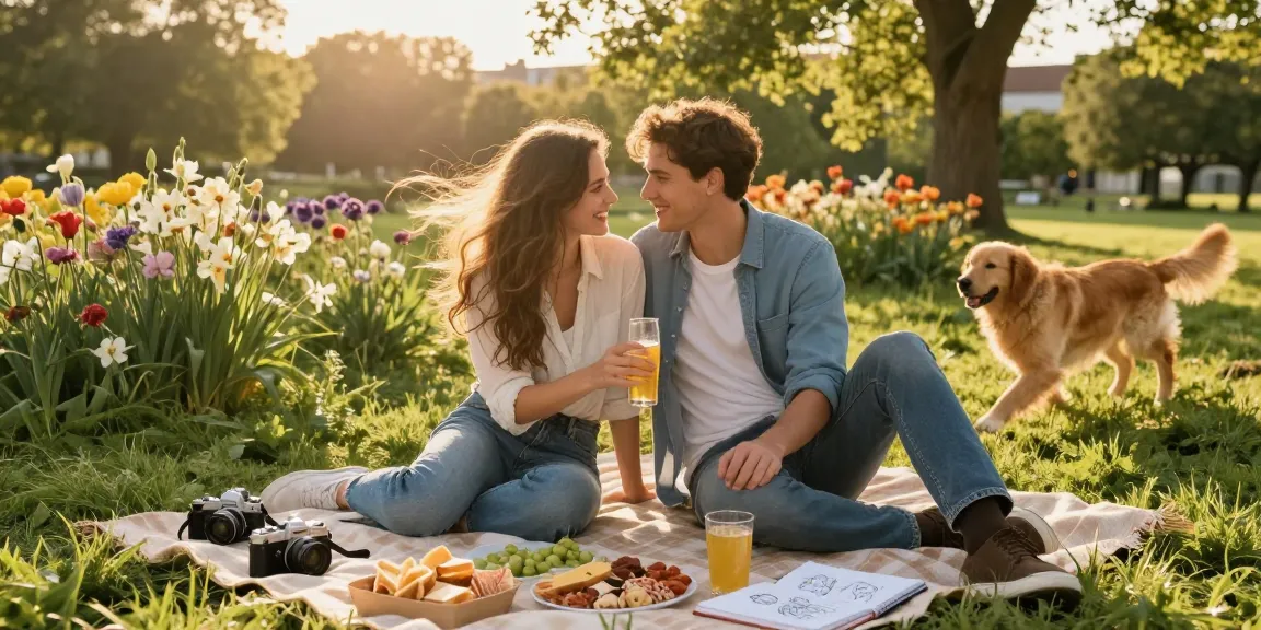 Young couple enjoying a romantic picnic, showcasing a sweet crush on each other in vibrant park setting.