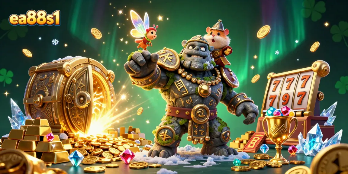Engage in thrilling gameplay at ea88s1 with a vibrant 3D casino scene showcasing treasures and characters.