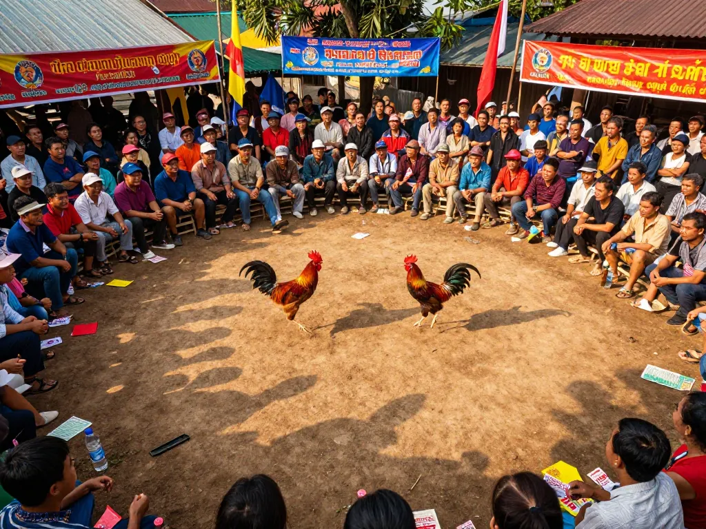 Watch đá gà campuchia trực tiếp with two roosters battling in a vibrant arena full of enthusiastic spectators.