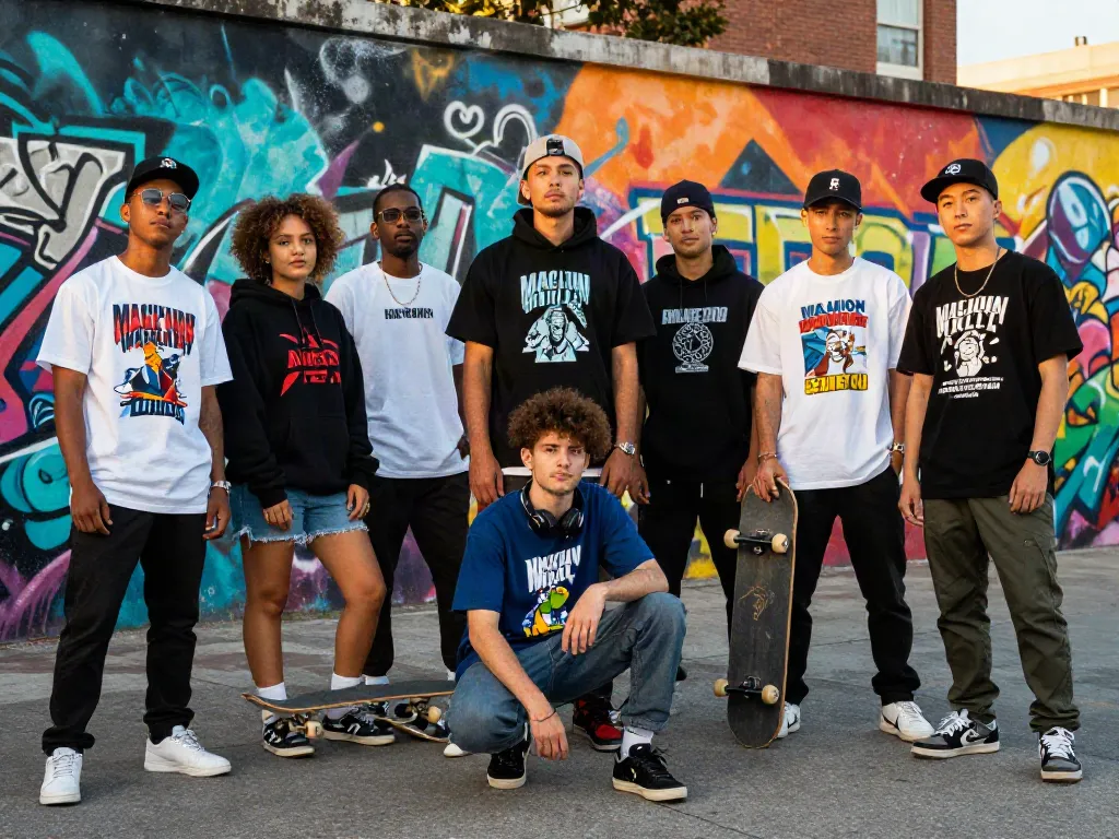 Young adults wearing rokok 88 Machine Gun Kelly merchandise in a vibrant urban setting.