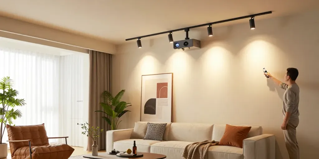 Iluminat modern cu sine magnetic în living elegant, aranjamente de spoturi LED