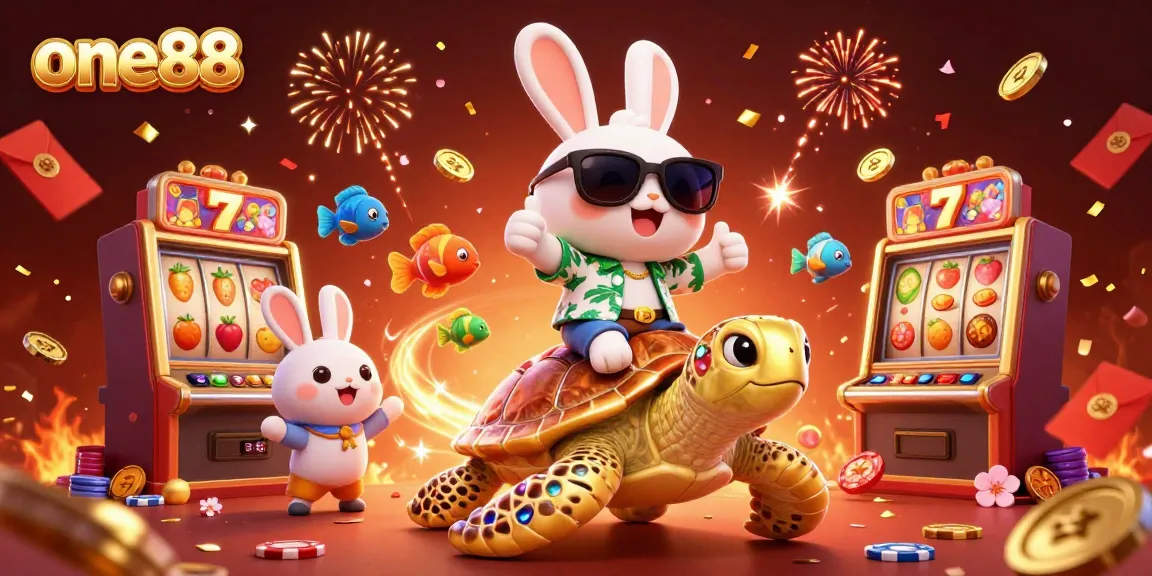 Join the fun at one88 with a thrilling adventure featuring a lucky rabbit and a golden sea turtle amid vibrant slot machines and festive decorations.