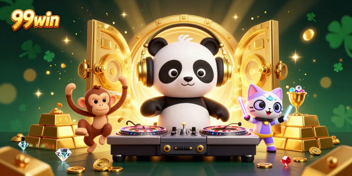 Spin with 99win in an exciting casino scene featuring vibrant characters and treasures.