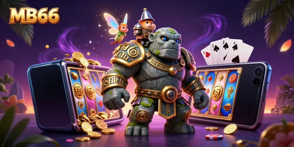 Engage with MB66 by playing exciting slot games featuring a magical scene of a golem guardian and knight.