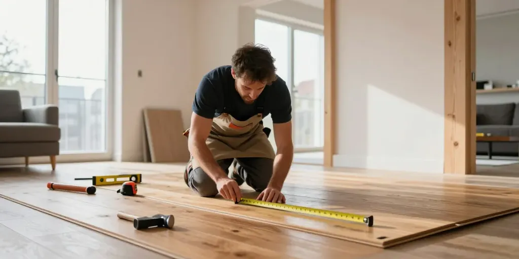 Bygg Bergen carpenter skillfully laying wooden flooring in a bright home.