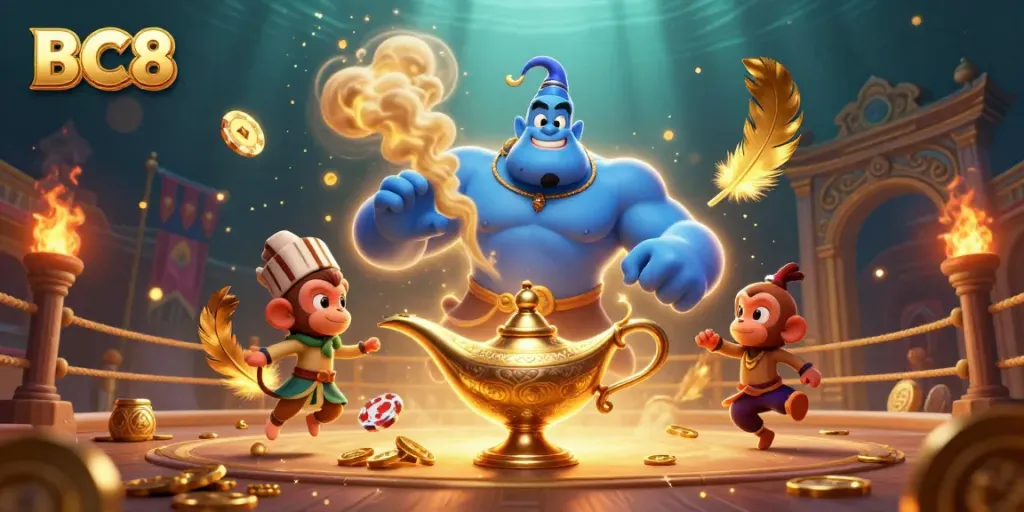 Engage with BC8's exciting casino adventures featuring a vibrant genie and gaming elements.