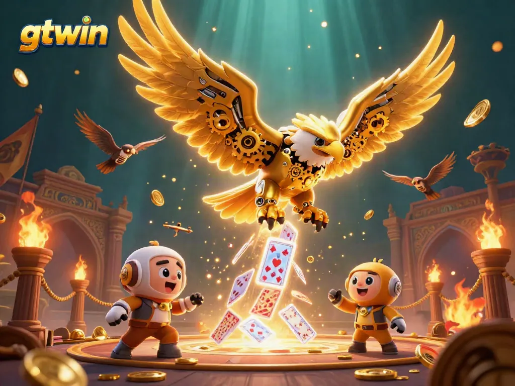 Experience the thrill of gtwin with a cybernetic eagle amidst a vibrant casino scene filled with immersive elements.