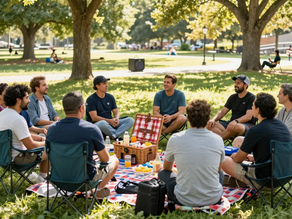 Men sharing stories during a sunny outdoor man club gathering in a park.