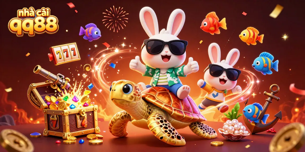 Engage with nhà cái qq88's vibrant casino scene featuring a lucky rabbit and golden turtle.