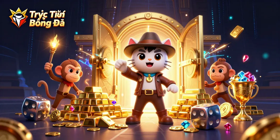 Experience Trực Tiếp Bóng Đá with this vibrant 3D casino illustration of an adventurous cat and monkey exploring a treasure-filled temple.