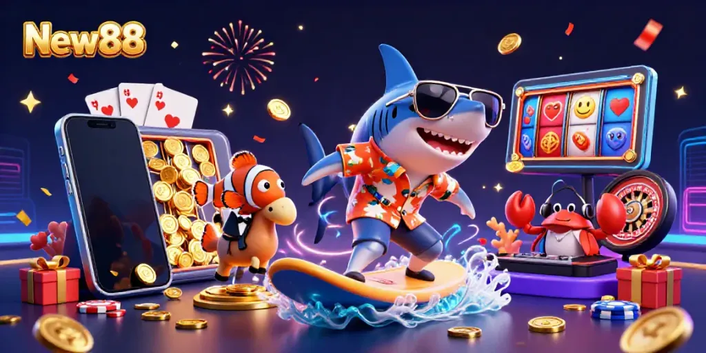 Experience New88's vibrant gaming scene with colorful characters and lively casino elements.