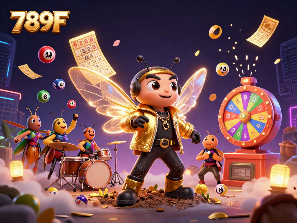 A colorful 789F scene with a rock star cicada, beetle drummer, and dynamic lottery game elements