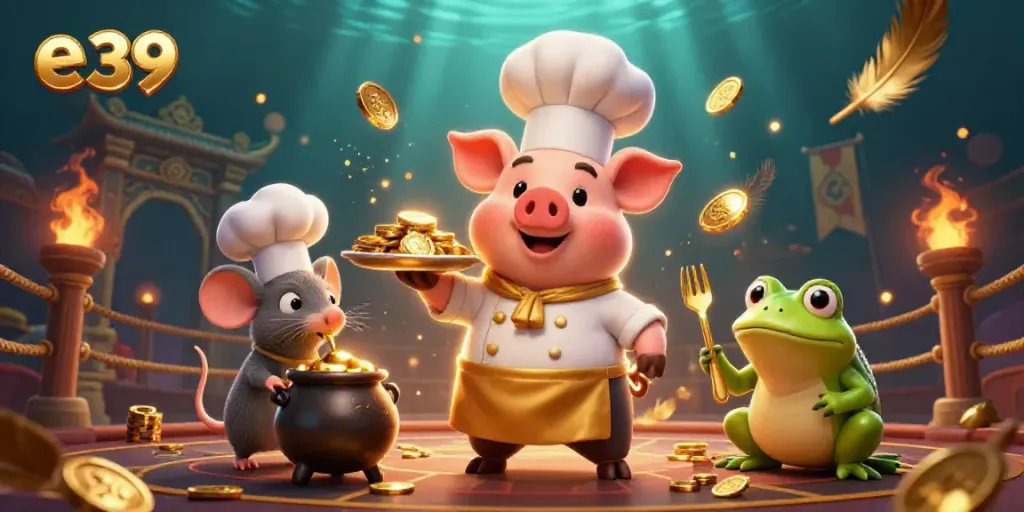 Experience the thrill of e 39 with a lively casino scene featuring a pig chef, mouse, and frog.