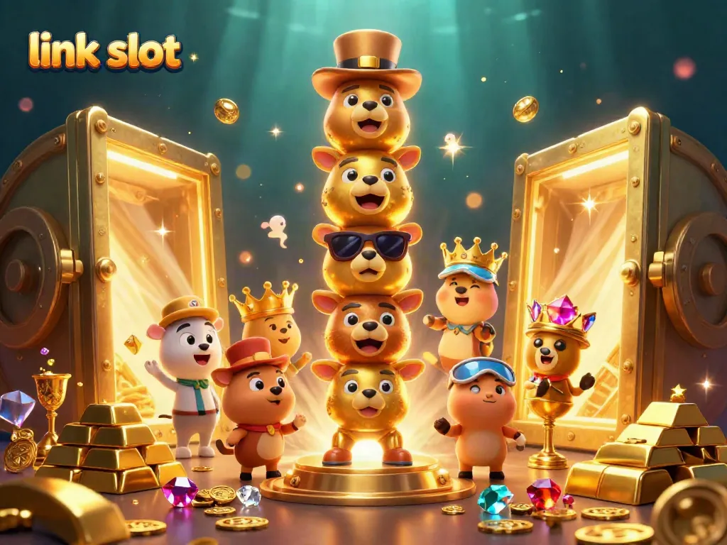 Experience thrilling gameplay with link slot features amid a vibrant casino scene filled with excitement and lucky symbols.
