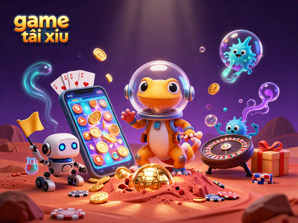Engage in thrilling game tài xỉu as 3D cartoon Martian gecko discovers a hidden golden casino on Mars.