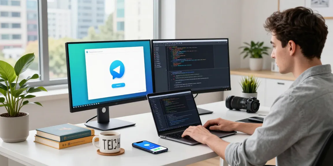 Telegram Download scene with developer coding in modern workspace, showcasing vibrant tech atmosphere.