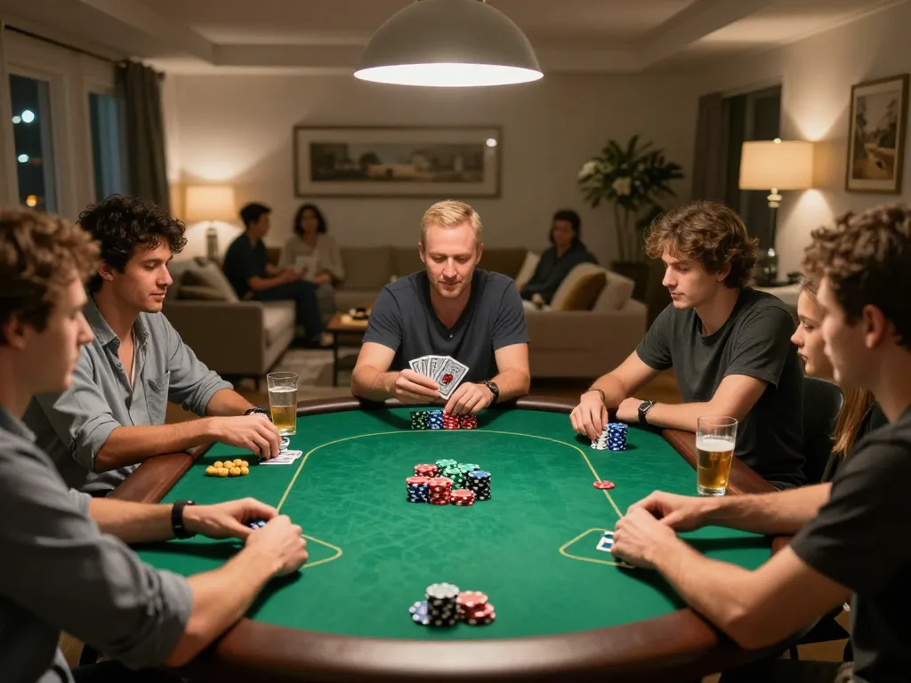 Xibet poker night scene with friends playing cards and enjoying drinks.
