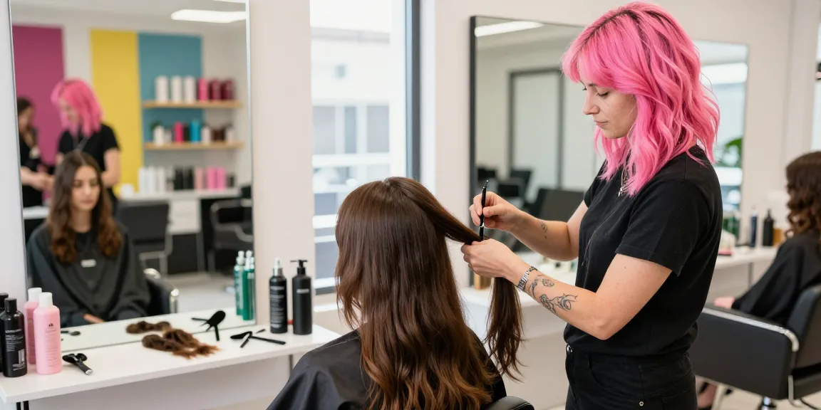 Stylish hairstylist applying hair extensions showcasing the latest hair style trend.
