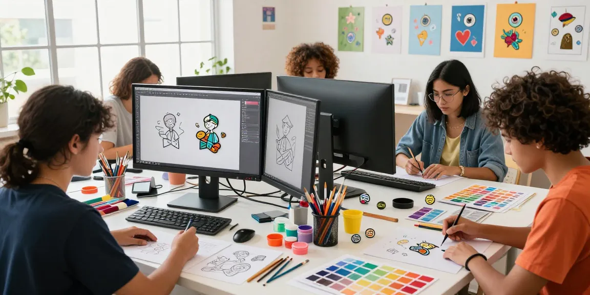Custom enamel pins design collaboration in a vibrant creative workspace with diverse artists.