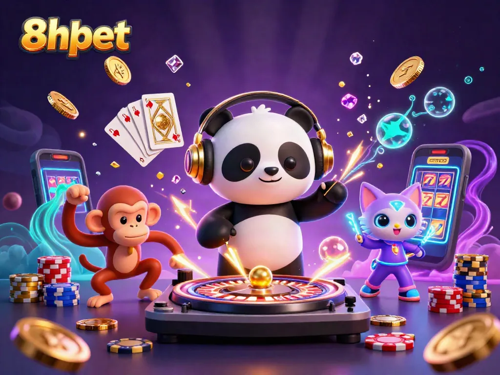 Engage with 8xbet's vibrant casino world featuring lively characters and thrilling games in a dynamic scene.