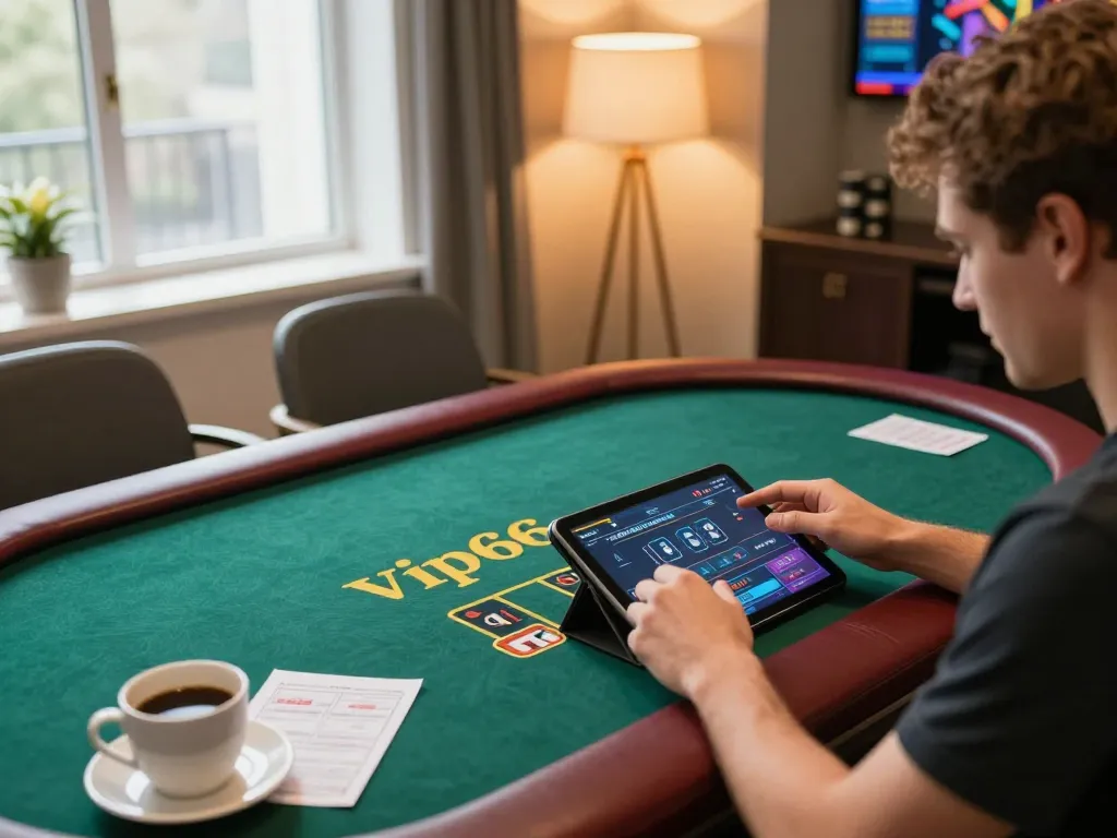 Experience thrilling gameplay with vip66 on a tablet in a cozy, modern home setting