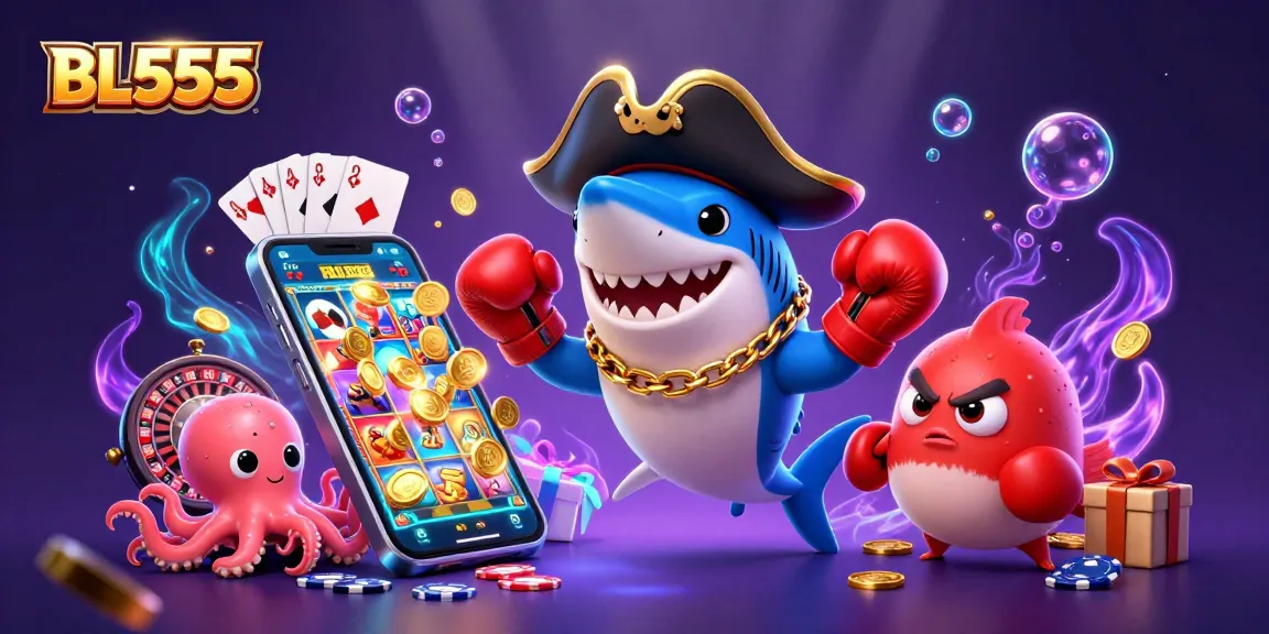 Spin slots and win big at BL555 with cartoon pirate shark and friends in a colorful casino scene.