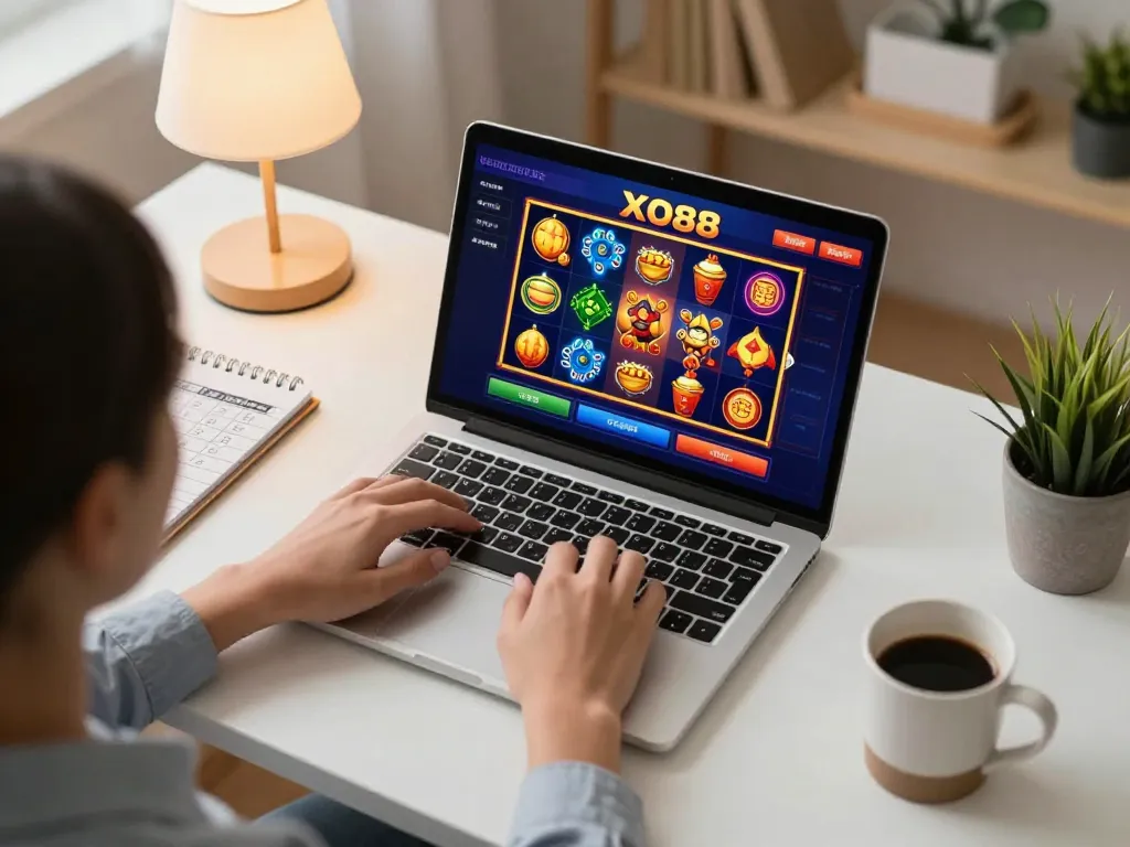 Engaging in online casino games at XO88, with vibrant slot visuals and a cozy layout for responsible gaming.