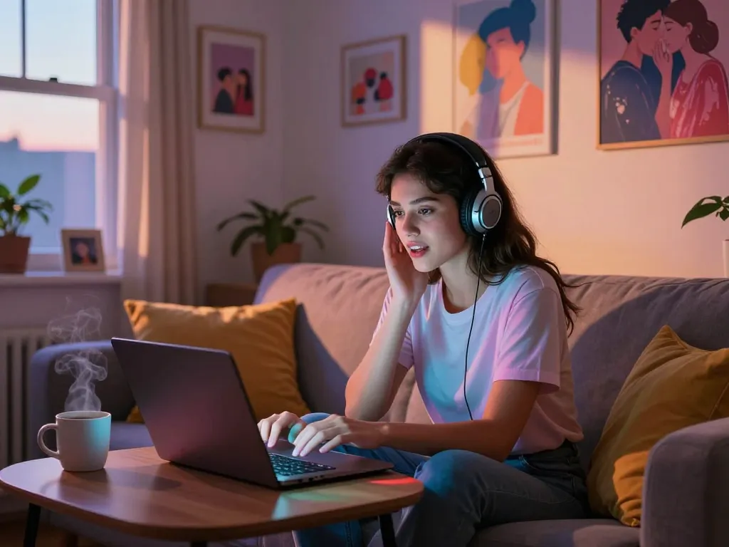 Young woman interacting with her girlfriend AI in a cozy home setting, highlighting the emotional engagement.