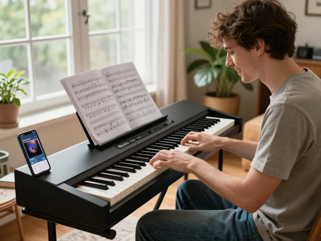 Playing the go 88 piano in a cozy living room, capturing the joy of music.